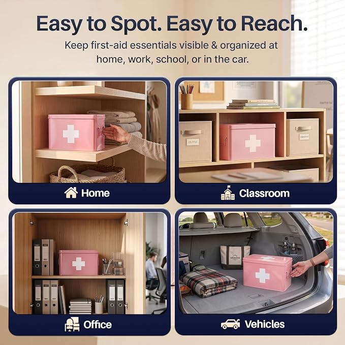 Flexzion Large Metal First Aid Box Empty, 13-Inch, Pink with White Cross | Vintage Medicine Box and First Aid Storage Organizer with Removable Tray and Dividers; Empty Box Only, Supplies Not Included