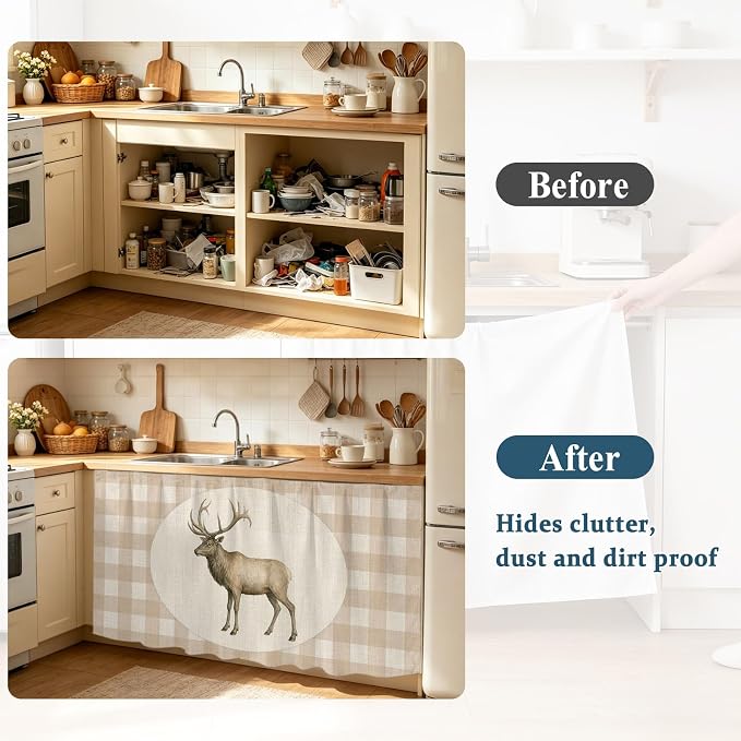 Majestic Buck Cabinet Dishwasher Hidden Curtains, Privacy Closet Door Curtain, Vintage Natural Buck Rustic Linen Plaid Adhesive Dust Proof Under Sink Skirt for Bathroom Kitchen 35"x35"