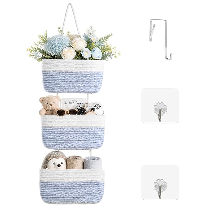 ICERZCZ Hanging Baskets for Organizing, Over the Door Decorative Storage Organizer, Nursery Decor Organization, 3-Tier Wall Basket for Entryway Playroom Bathroom Closet, Light Blue & Off White