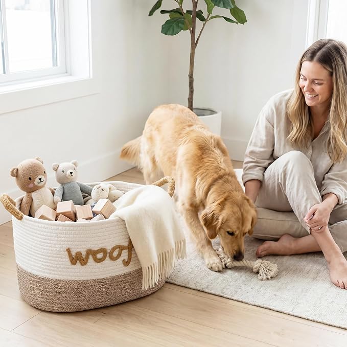 Zhehao Dog Woven Toy Basket with Handles, 15 x 11 x 9 in, White Flaxen | Cotton Rope Dog Toy Storage Bin, Pet Basket with Woof Bone Embroidery, for Puppy Bone & Blankets