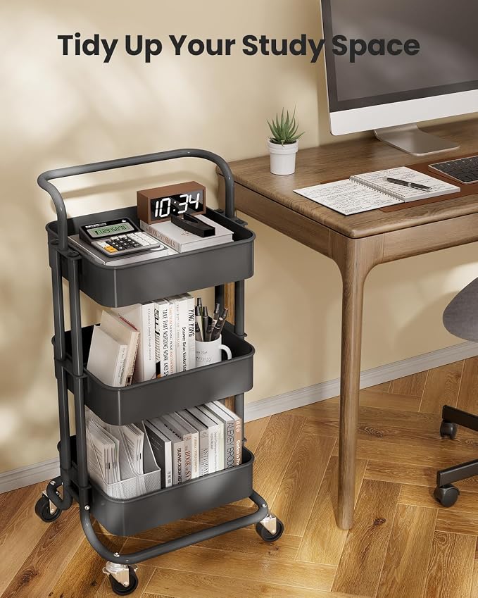 Pipishell Metal 3 Tier Rolling Cart with Handle & 2 Lockable Wheels, Gray | Four Large 2" Wheels for Easy Motion, Sturdy Metal, Hold 22 lbs per Shelf, Ideal for Nursery Room, Living Room, Painting Room