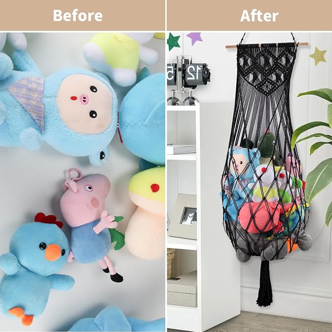 63Inch Stuffed Animal Storage Hammock Corner,Boho Plushie Net,Black | Wall Ceiling Over Door Hanging Hammock for Stuffed Animals,Macrame Stuffy Storage Holder w/Star Lights,Nursery Playroom Decor
