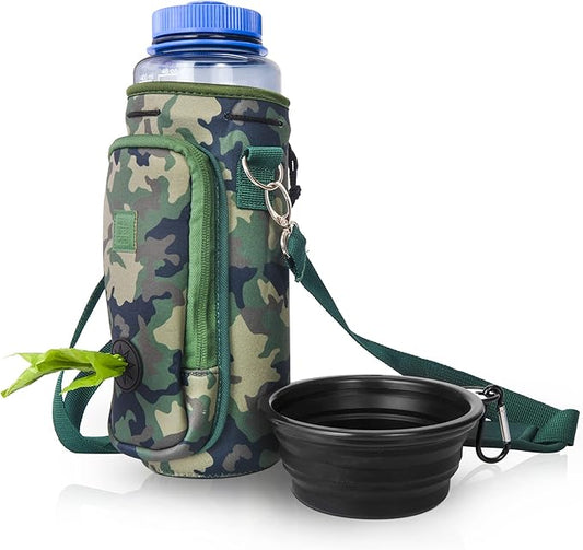 Made Easy Kit Water Bottle Carrier with Pocket for Dog Poop Waste Bags and Adjustable Padded Shoulder Strap (Tall & Large (40oz) with Bowl, Camo, Green)