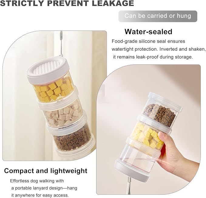 2025 Upgraded Airtight Dog Treat Container, Leak-Proof Stackable Pet Food Jar 2/3/4 Layers, Portable with Lanyard for Outdoor, Travel, Training & Home, Food-Grade PP (White)