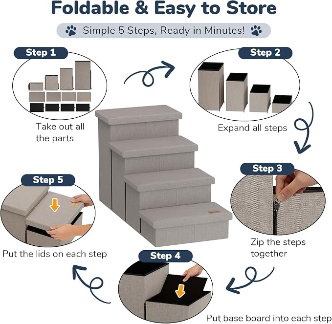4-Step Wide Dog Stairs with Storage 23" H, Non-Slip Sturdy Pet Steps for High Bed Couch Window, Pet Stairs for Small/Medium/Large Old Dogs Cats Up to 220lbs, Cat Dog Steps for Car, Light Grey
