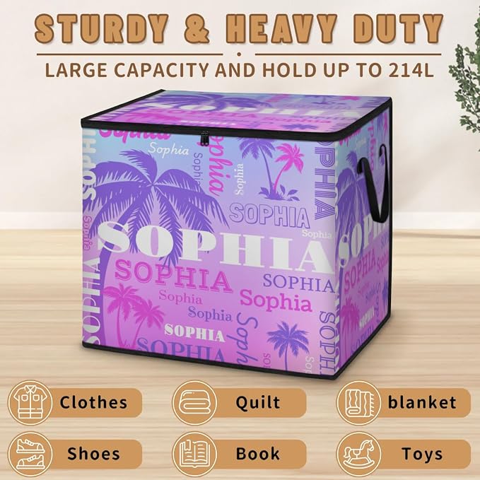 Custom Extra Large Storage Baskets with Lid, Personalized Storage Bins Basket Boxes Handles for Clothes Blanket Bedroom Closet Organizing Toys Shelves, Gradient Purple Blue with Palm Trees