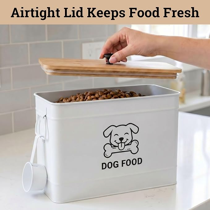 Metal Dog Food Container 15-20 lbs w/ Airtight Bamboo Lid, 70 Cup Capacity | Pet Jar For Dogs up to 100lbs, Airtight Bamboo Lid, Sturdy Comfortable Metal Handle, Powder Coated Iron, Kibble Storage Bin