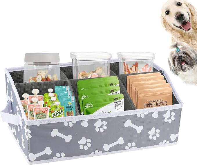Collapsible Fabric Storage Box for Pet Treats with Dividers - Dog Treat Container Bin - Bone Paw Print