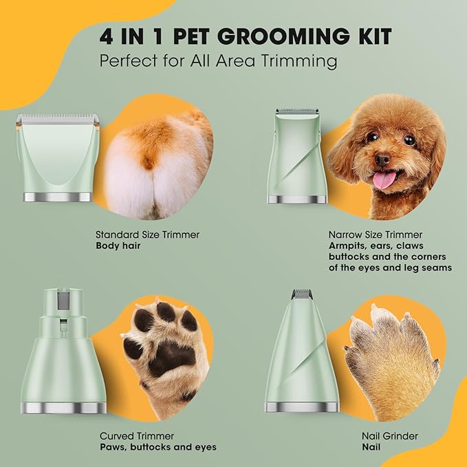 QREEYX Upgrade Dog Grooming Kit, Cordless Dog Paw Trimmer, 4 in 1 Low Noise Pets Hair Clipper Grooming Kit, 2-Speed Nail Grinder with Stainless Steel Blade for Small Pet with Thick Coats (Green)