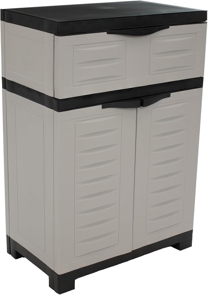 Sunnydaze 34.5" Garage Storage Cabinet with Adjustable Shelf, Gray | Heavy Duty Resin Storage Cabinet Resists Rust & Peeling, Utility Cabinet with Drawer & Anti-Tip Kit for Laundry, Office