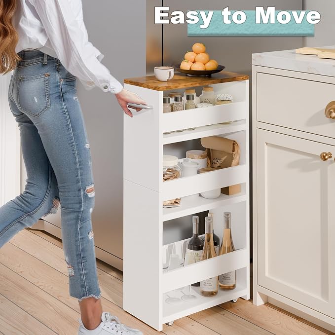 MARTY Slim Rolling Storage Cart 7.9" W Laundry Cart with Wheels,Brown+White | Narrow Utility Cart Between Washer and Dryer, 3 Tier Mobile Shelving Unit for Kitchen, Laundry, Bathroom, Office, Living Room