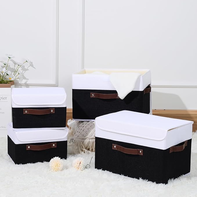 ANMINY Fabric Storage Box Bins with Lids, Black White, 10"x8"x7" | Keepsake Memory Storage, Cotton Linen, PP Board Reinforced, Washable, PU Handles, Foldable & Stackable, Decorative, Small