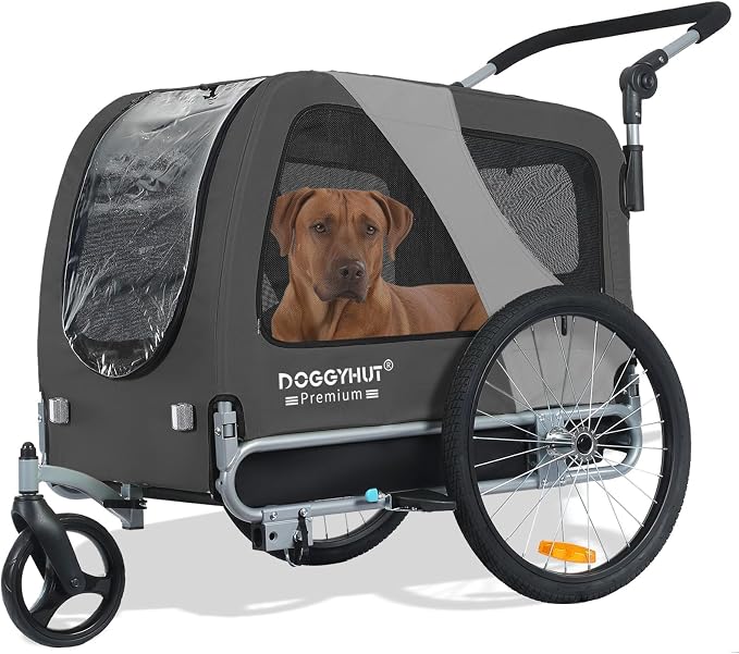 DOGGYHUT® Premium Large Pet Bike Trailer & Stroller Up to 77 lbs (Gray) | Bicycle Trailer for Small Medium or Large Dogs, Dog Bicycle Carrier, Low Center of Gravity, Folding Frame Cart