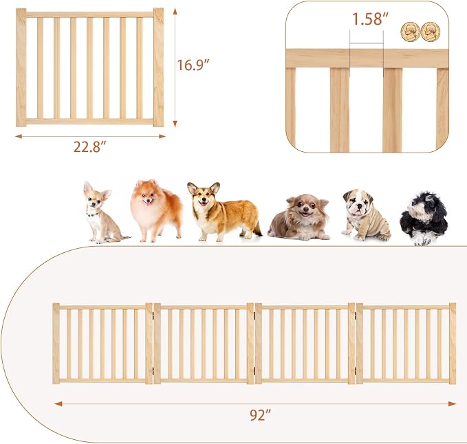 YOCAN Non-Painted Wooden Freestanding Dog Gates - 4 Panel H:16.9" | Pet Gate for The House,Doorways, Stairs,Wood Dog Fences Indoor Pet Gate,Step Over Fence