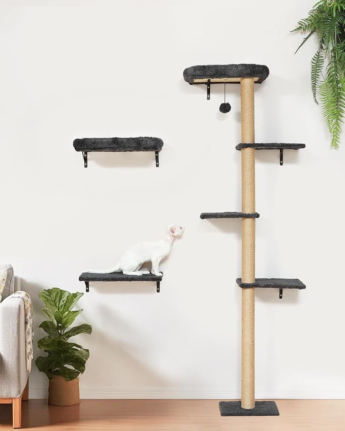 FUKUMARU Cat Wall Shelves Set, 70 inch Wall Mounted Tree, Grey | Kitten Scratching Post with Soft Cushion Perch, Space Saving Climbing Wall Furniture for 16 Inch Drywall