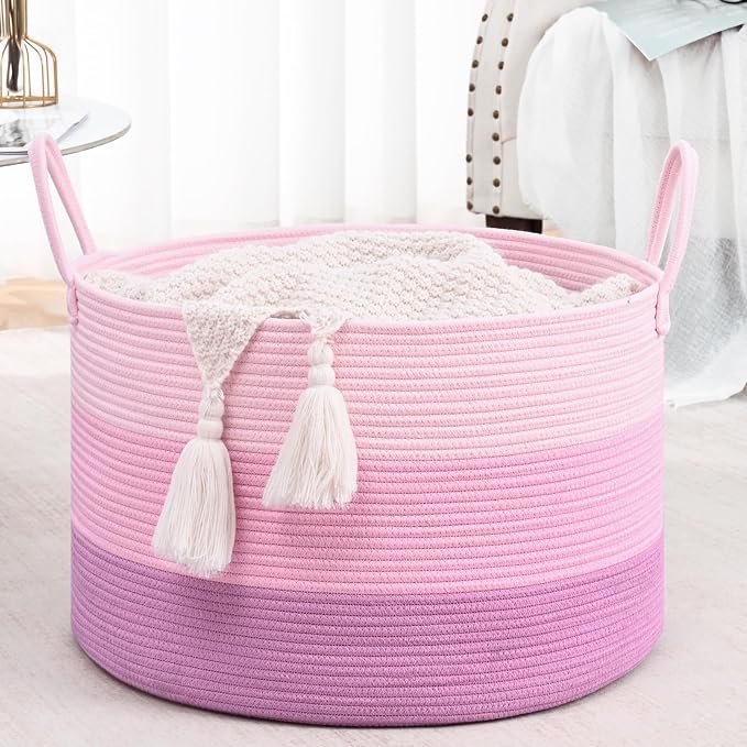 67L Large Woven Blanket Basket, Cotton Rope Baby Laundry Hamper with Handles, Kids Toy Basket for Classroom & Nursery, Soft Round Stuffed Animal Storage, Dog Toy Bin - 20"x13", Pink