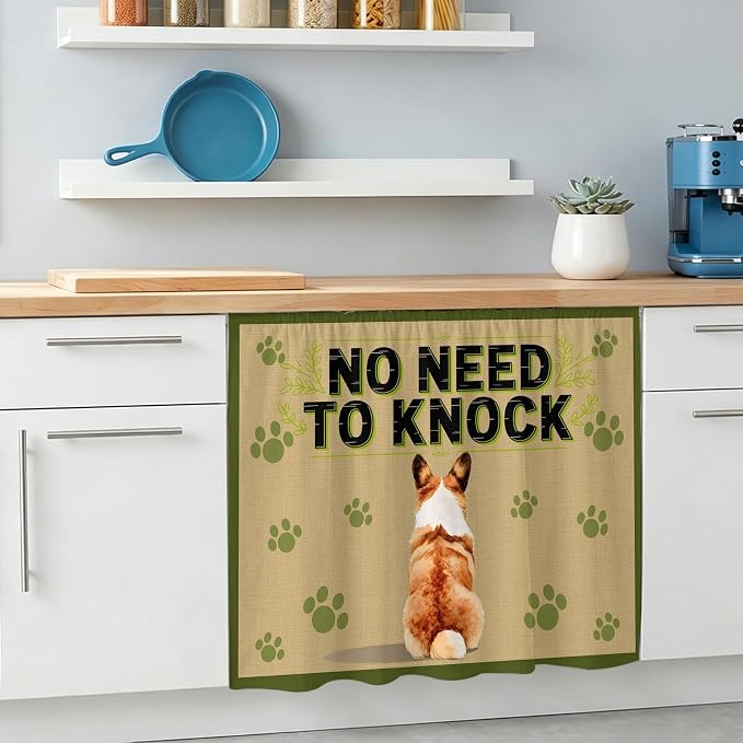NO Need to Knock Oven Skirt Curtain for Kitchen Decor 28"x35", Corgi Dog Paw Prints Pet Lover Farmhouse Self Adhesive Stove Curtains Skirt Cabinet Curtains for Bathroom Laundry Room