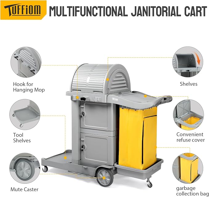 TUFFIOM Janitorial Cart on Wheels, 3 Shelf Commercial Cleaning Cart with Key Locking-Cabinet, Grey Housekeeping Cart with Locker and Cleaning Bag, for Hotel, Business, Office, Stadium Use