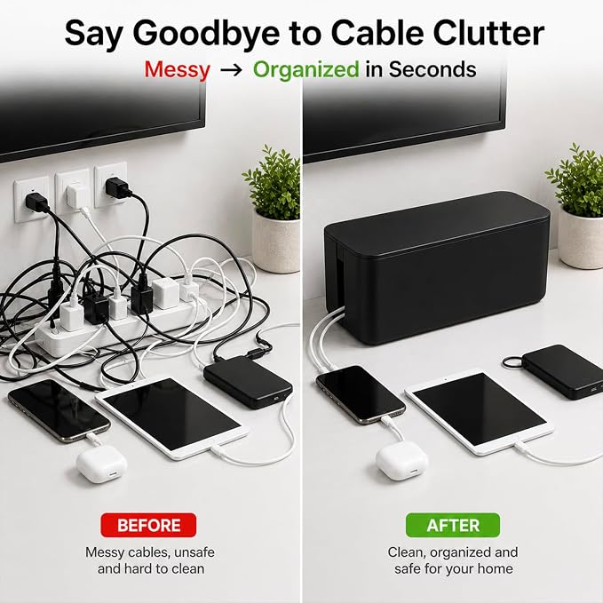 [Set of 3] 3 Cable Management Boxes + 3 Wire Ties, Large Cord Box Organizers to Hold and Hide Power Strip Charger Adapter Power Cord Charging Station USB HUB (Black)