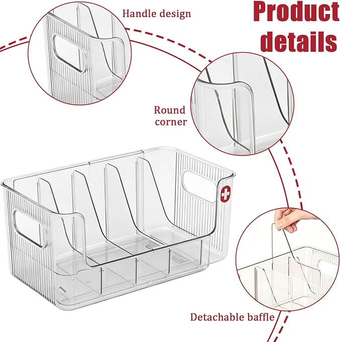 Clear Expandable Medicine Organizer for Cabinet & Countertop, Large First Aid Storage Bin with Removable Dividers, Adjustable 6-Compartment Medication Organizer Box for Bathroom Pantry