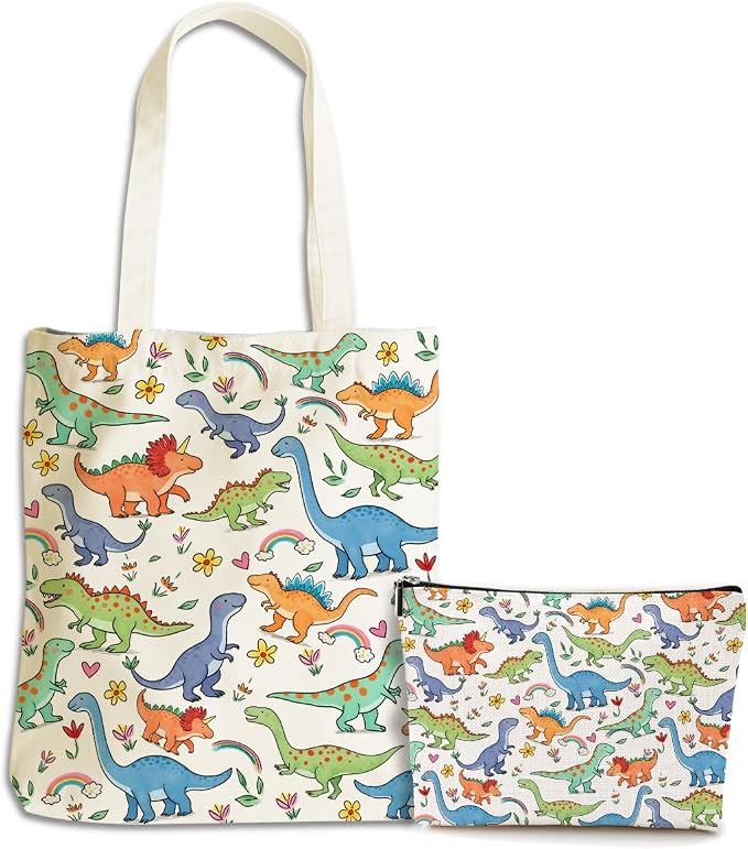 Cute Dinosaur Gifts Cosmetic Bags for Women Girls Bestie Dinosaur Animals Lovers Canvas Tote Bag Makeup Bag, Reusable Grocery Bags with Inner Pocket for Shopping Birthday Christmas Thanksgiving