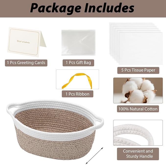 woric Small Woven Storage Basket Dog Toy Baskets for Gifts Empty | Cotton Rope Basket with Handle Graduation Decorative Baskets (Brown 12"X 8" X 5" with Gift Bag Card Ribbon Tissue Paper)