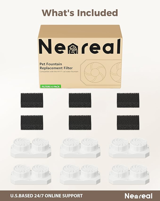Neareal Cat Water Fountain Replacement Filters & Pre-Filter Sponges Compatible with 74oz/2.2L Stainless Steel Pet Fountain (6 Filters & 6 Sponges)
