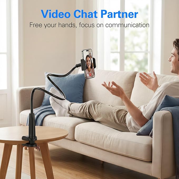 Gooseneck Phone Holder for Bed, Flexible Overhead Cell Phone Mount for Desk, Hands-Free Viewing Clamp Stand Compatible with iPhone 17 16 15 Pro Max and 3.5-7" Devices