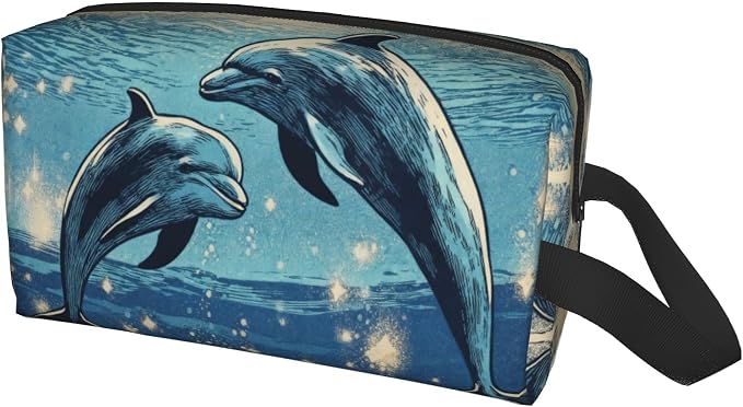 Two Dolphins Underwater Makeup Bag - Durable 600D Oxford Fabric Travel Cosmetic Bag, Shockproof Foam Padded Toiletry Organizer for Gym & Daily Use 10x6.2x4.9 Inch