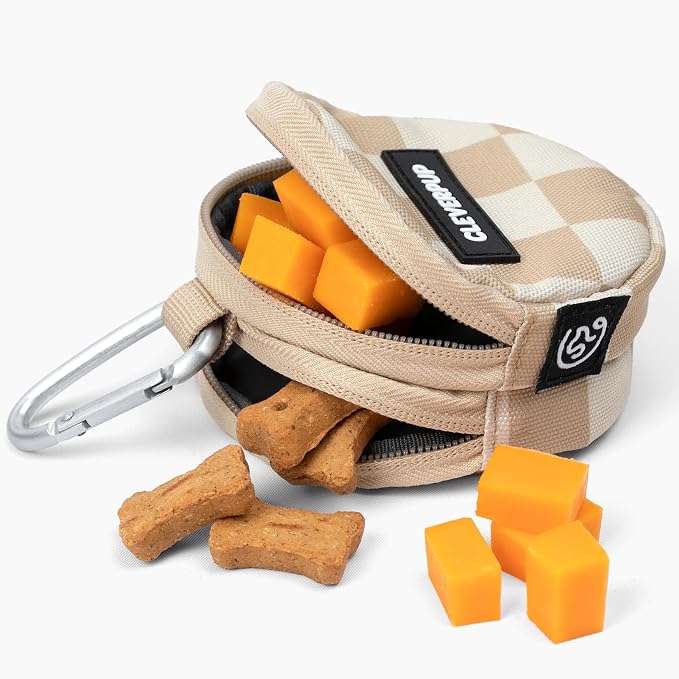 Cleverpup Snackpack Double Insulated Dog Treat Pouch – 1.5 Cup Capacity, 2 BPA-Free Waterproof Zipper Pockets, Carabiner for Belt/Leash – Compact Training & Travel Bag – Checkerboard