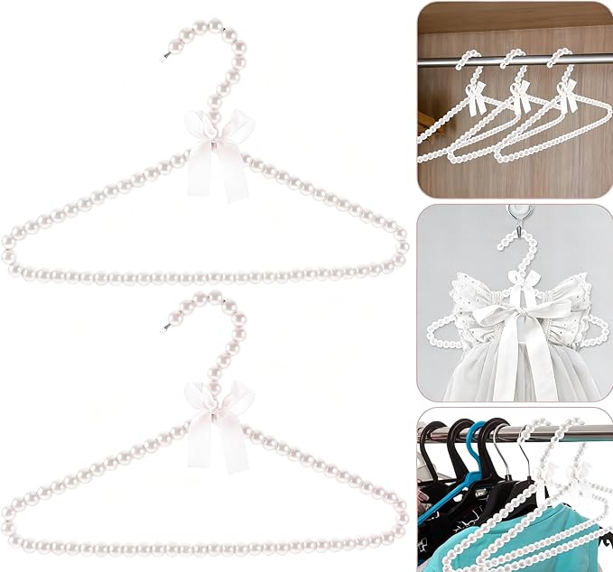 2 PCS Pearl Beaded Hangers for Kids Plastic Baby Clothes Hangers with Bow Non Slip Toddler Nursery Closet Organizer for Girls Dresses and Dog Pet Apparel Pearl Hangers for Women (White, 25)