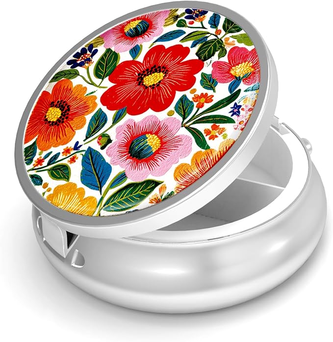 Pill Box-3 Compartment Small Pill Case for Purse & Pocket Mini Metal Pill Holder Travel Pill Container to Hold Supplements Vitamins BPA-Free (A-Flowers-03)