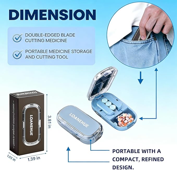 Precision Pill Cutter for Small and Tiny Pills, Sharp Blade with Storage Compartment, Travel-Friendly 1/2 Pill Splitter for Home/On-The-Go, Blue