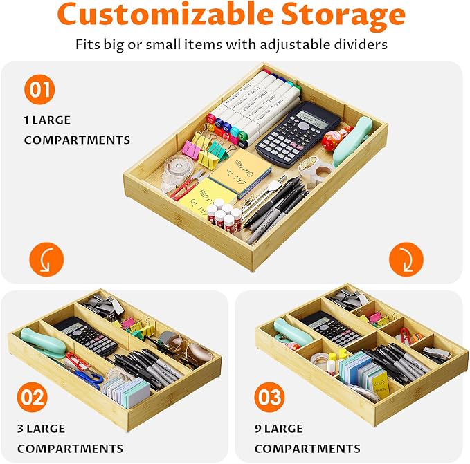 Bamboo Drawer Organizer with 9 Adjustable Compartments, Desk Storage Tray | Natural Bamboo, Flexible Modular Trays, Water-Resistant, Adjustable, Excellent Organization, Easy to Clean, Non-Slip Design