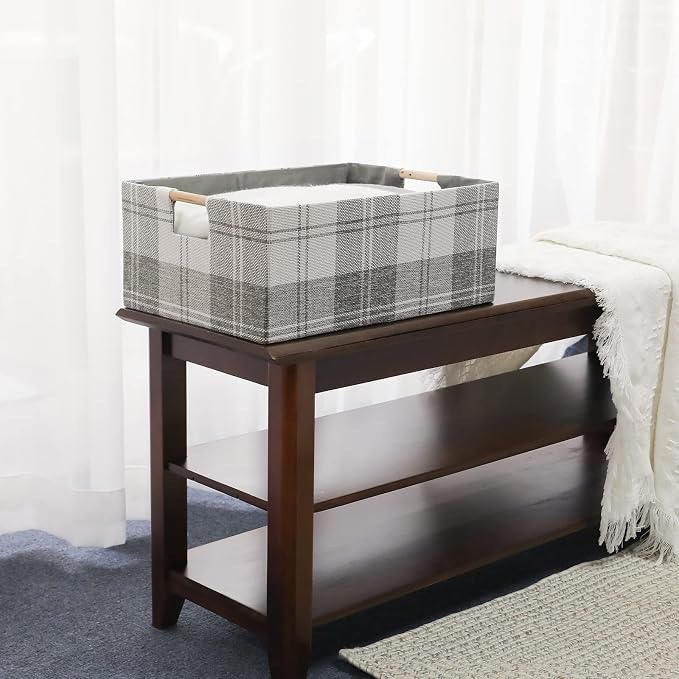 Fabric Storage Box, 13x9in Foldable Cotton Linen Basket with Wooden Handle | Small Rectangular Cube Decorative Home Laundry Organizer Clothes Blanket Container Organizing Clothes Sheet, Light Gray Plaid