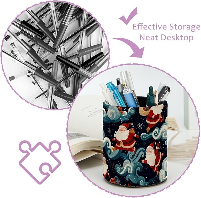 Faux Leather Pen Holder for Desk, Pencil Organizer Cute Santa Claus Pen Cup Desk Decor Makeup Brush Holder Storage for Office Home