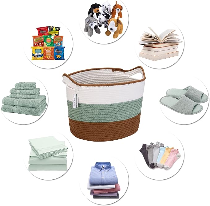 Sea Team Large Woven Cotton Rope Laundry Basket with Handles, 16 x 13 in | Collapsible Knitted Hamper, Closet Shelf Organizers, Containers for Clothing, Blankets, Toys, Bedding, Green & Brown