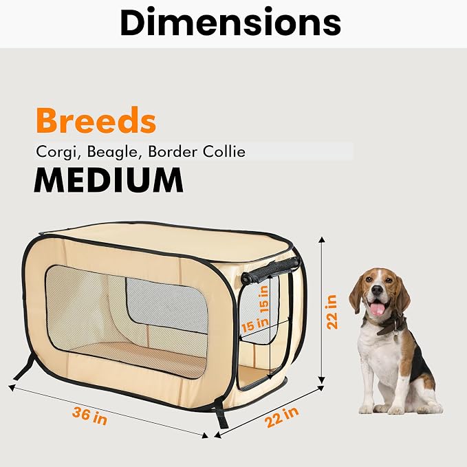 Portable Collapsible Pop Up Kennel, 36" L x 22" W x 22" H, Beige | Collapsible indoor/outdoor travel cat and dog crate with mesh screen windows pops up and folds flat for easy storage