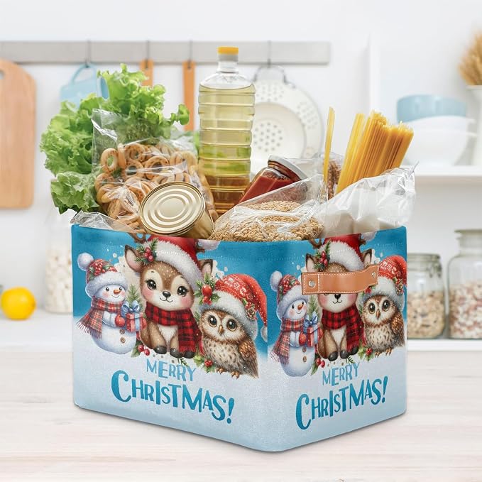 Pardick Christmas Reindeer Snowman Basket Storage Bins Large Fabric Toys Storage Cube Box with Handles Collapsible Closet Shelf Cloth Organizer Basket for Nursery Bedroom Bathroom Holiday Gift