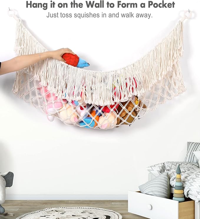 Stuffed Animal Hammock - Extra Large 56'' Long (Cream White) | Premium Cotton Hand-knitted, Beautiful Long Tassel, Storage Hanging Organizer, Can Fit Stuffed Animals 30 Piece or More