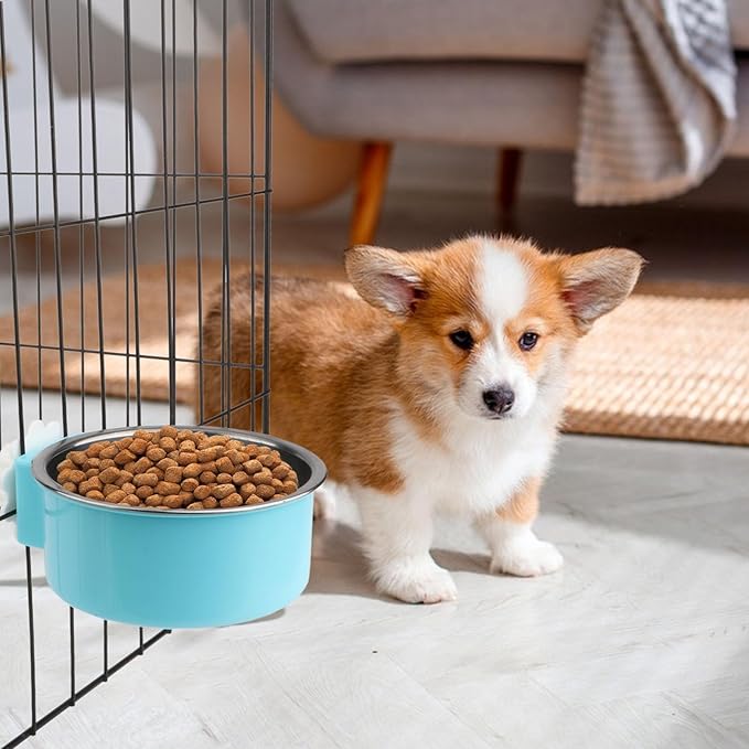 Hypeety Dog Crate Water Bowl No Spill - Hanging Attachable Pet Bowls for Kennel Durable Stainless Steel Food Water Dishes for Small Dogs Cats Rabbits Parrots with Non-Slip Base (Bule)