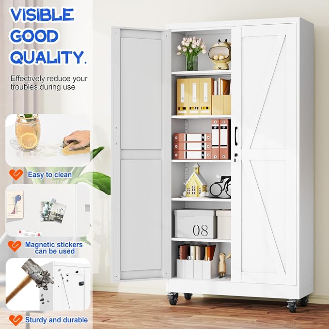 GAIOUS 73.6" Tall Metal Storage Cabinet with Lock and Wheels, File Cabinet | for Home Office, Garage Storage Cabinets with 2 Door and 5 Adjustable Shelves, Rolling Tool Cabinet, Utility Cabinet, White