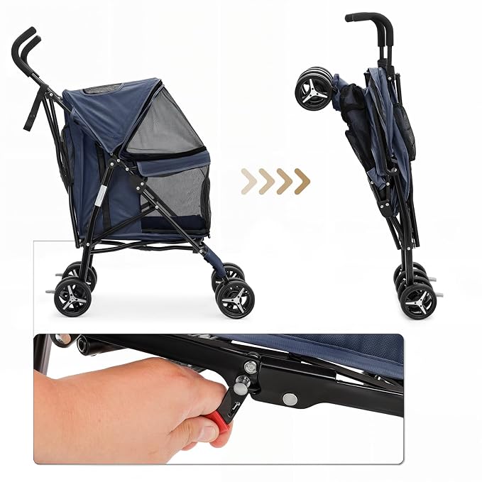MoNiBloom Pet Stroller for Small/Medium Dogs & Cats Holds 22 lbs, Navy Blue | Foladble 4 Wheels Easy-Fold Puppy Cage Jogger Stroller with Sun Cover, Pad and Rear Storage Bag, Breathable and Visible Mesh