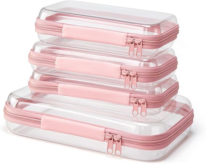 4 pcs Clear Hard Shell Zipper Case, Water-Resistant Travel Makeup Bag, Diaper Bag Organizer Pouches,Clear Toiletry Bags (Pink)