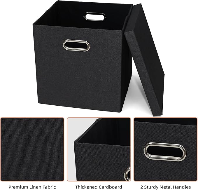 Storage Bins with Lids, Linen Fabric Boxes Organizer Containers with Lid Foldable Storage Box Basket for Closet, Shelves, Home, Office,12 x 12 x 12 Inch, 4 Pack, Black, AG3006-7
