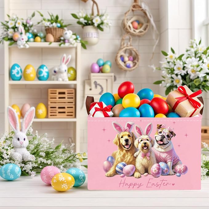 Kid Rectangular Empty Easter Basket for Girl Boy Bunny Eggs Easter Basket Gift Baby Room Decor Storage Organizer (Dog Pink)