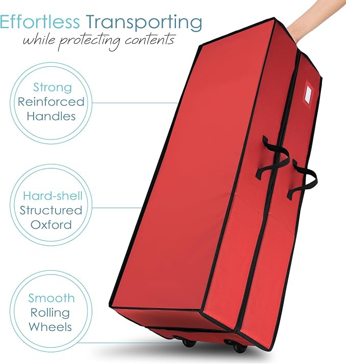 Hearth & Harbor Wrapping Paper Storage Container with Ribbon Dispenser and Interior Pockets - Large Christmas Storage Containers with Wheels, Fits 30 Rolls of 40" Length, Red