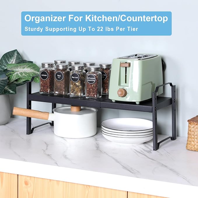 Expandable Cabinet Shelf Organizer, Adjustable kitchen Countertop Storage | 2 Pack Stackable Metal Kitchen Cabinet Countertop Storage Shelves, Heavy Duty Counter Cupboard Pantry Organizers, 20.5" Long