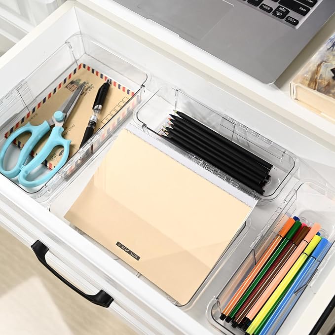 15 Pcs Expandable Drawer Organizer, All Adjustable Storage Box, Clear | 2-Size Vanity Drawer Organizer, Acrylic Storage Bins for Makeup, Cosmetic, Bedroom Dressers Tool Organizer for Gadgets