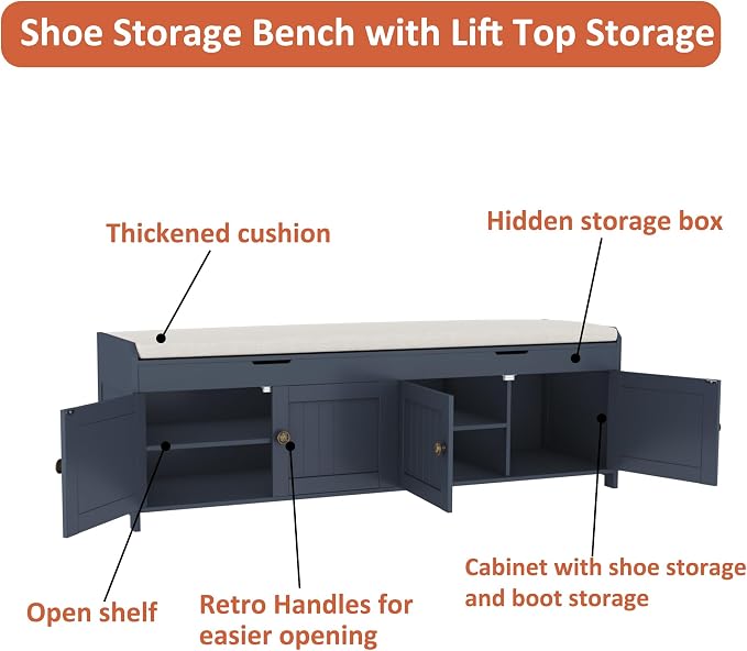 HOMEFORT 54.4" Shoe Bench with Lift Top Storage, Entryway Bench with Cushioned Seat, Wooden End of Bed Bench, Shoe Cabinet Bench with Hidden Storage Space, for Bedroom, Hallway,Blue